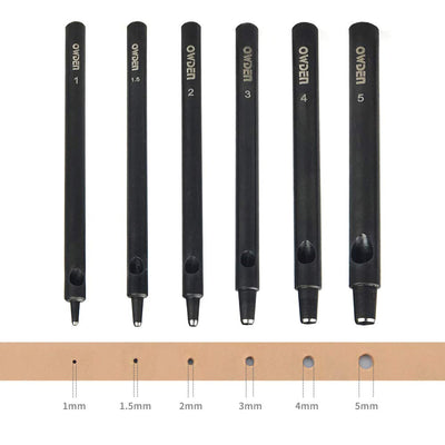 OWDEN Professional 6pc Leather Hollow Punch Set, Size 1.0-5.0mm, Black, Steel, Manual, 6 Holes, Free Mini Cutting Mat