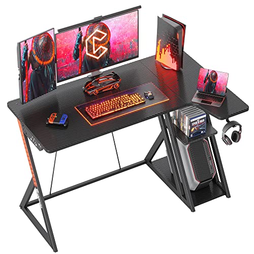 CubiCubi Aurora Gaming Desk with Carbon Fiber Surface, 40 Inch L Shaped Desk with Storage Shelves, Small Corner Computer Desk with Monitor Shelf, Gamer Desk PC Table, Black - WoodArtSupply