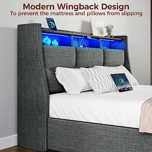 Rolanstar Twin Size Bed Frame with LED Lights and Charging Station, Upholstered Bed Storage Headboard & Drawers, Heavy Duty Wood Slats, Easy Assembly Rolanstar