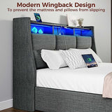 Rolanstar Twin Size Bed Frame with LED Lights and Charging Station, Upholstered Bed Storage Headboard & Drawers, Heavy Duty Wood Slats, Easy Assembly Rolanstar