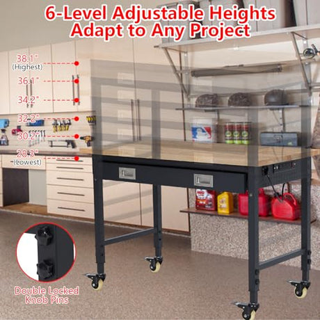 Adjustable Height Workbench,60" x 22" Worktable,Heavy Duty Rubberwood Top,2000LB Capacity,Metal Frame, Lockable Wheels, Power Outlets – Garage & Workshop Table – Black FinerFurnis
