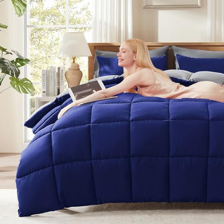 Decroom Lightweight Full Comforter Set with 2 Pillow Sham - 3 Pieces Set - Quilted Down Alternative Comforter/Duvet Insert for All Season - Blue/Grey - Full Size Decroom