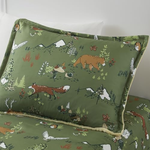 Intelligent Design Kids Twin Comforter Set, Reversible Plush Kids Comforter, Cozy Plush Reverse Bedding, Winter Fluffy Bed Set, 1 Sham, Enchanting Forest Animals, Heath, Twin, Sage Green 2 Piece Intelligent Design
