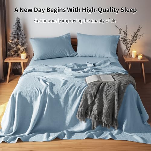 LBRO2M 100% Linen Sheet Set Twin XL Size,Bed Sheets 3 Piece Sets,Solid Color Natural Flax Bed Sheets Soft Breathable Bedding,16" Deep Pocket,All Season (Twin XL, Dusty Blue) LBRO2M