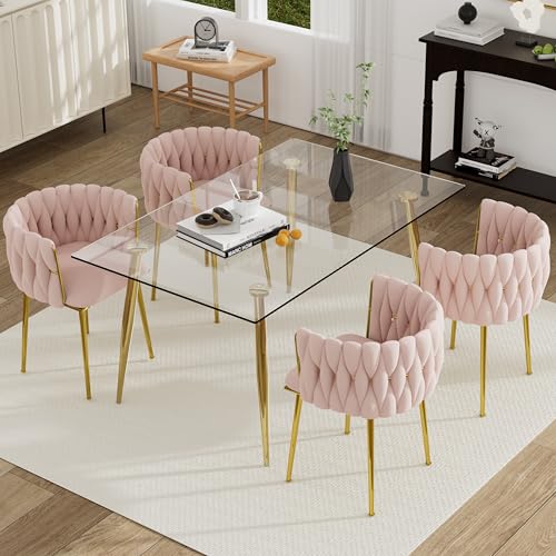 HAIZAO 5 Pieces Modern Gold Dining Table Set, 51'' Small Luxury Rectangle Kitchen Table Set, 4 Person Clear Glass Top Minimalist Dinner Table Set, Pink Woven Chair, for Home Apartment Office HAIZAO
