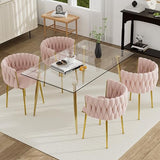 HAIZAO 5 Pieces Modern Gold Dining Table Set, 51'' Small Luxury Rectangle Kitchen Table Set, 4 Person Clear Glass Top Minimalist Dinner Table Set, Pink Woven Chair, for Home Apartment Office HAIZAO