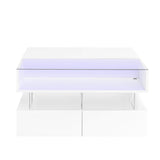 Modern Lift Top Coffee Table with with Storage Drawers, Square Center Table with Glass Tabletop & LED Lights for Living Room, White SOFTSEA