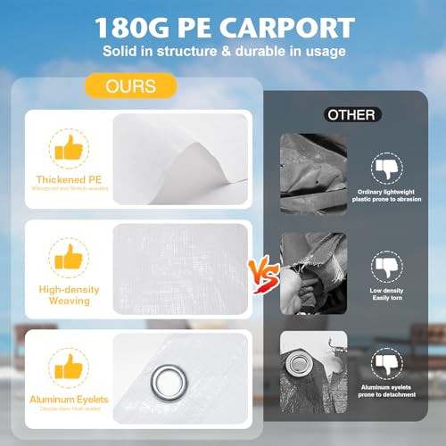 Carport Canopy Tent Sidewalls for 10x20x8.6FT Car Garage with Ball Bungees, Heavy Duty Portable Shelter Logic Replacement Covers (Frame is not Included) (White) Yustuf