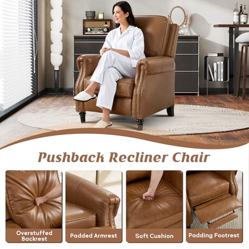 CANMOV Push Back Recliner Chair, Genuine Leather Pushback Reclining Chair with Padded Seat, Wingback Recliner with Rivet Decoration Single Sofa Recliner for Living Room Apartment, Brown