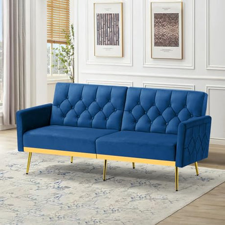 ACMEASE Velvet Futon Sofa Bed w/Adjustable Armrests & Backrests, Button Tufted Sleeper Couch, Modern Convertible Loveseat Sofa for Bedroom, Living Room, Apartment, Blue ACMEASE