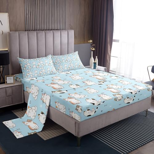 Erosebridal Cat Sheet Sets King, Kawaii Garfield Persian Cat Flat Sheet for Kids Boys Girls, Paw Print Love Heart Bed Sheets, Cartoon Animals Soft Fitted Sheet 4 Pieces, Blue Erosebridal