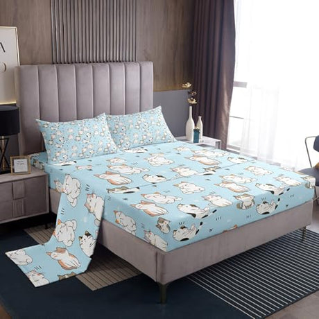 Erosebridal Cat Sheet Sets King, Kawaii Garfield Persian Cat Flat Sheet for Kids Boys Girls, Paw Print Love Heart Bed Sheets, Cartoon Animals Soft Fitted Sheet 4 Pieces, Blue Erosebridal