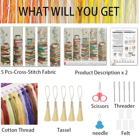 VIGEGU 5 Pack Cross Stitch Kits for Beginners,Coffee Stamped Cross Stitch Kits Bookmarks for Women,11ct Cross Stitch Embroidery Kit for Beginners Crafts for Adults VIGEGU