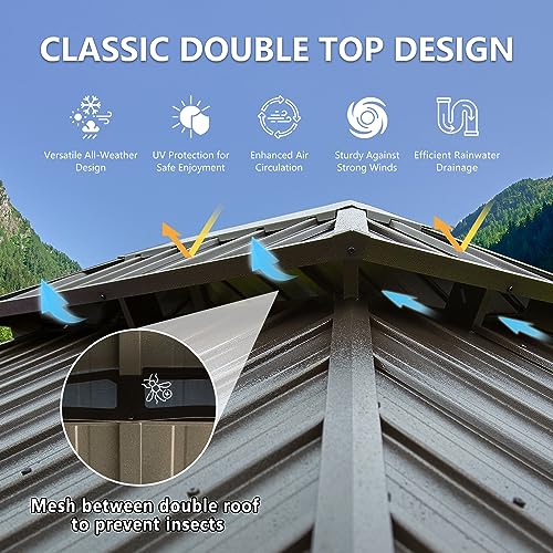 12’ x 16’ Hardtop Gazebo Outdoor Aluminum Wood Grain Gazebos with Galvanized Steel Double Canopy for Patios Deck Backyard,Curtains&Netting by domi outdoor living - WoodArtSupply