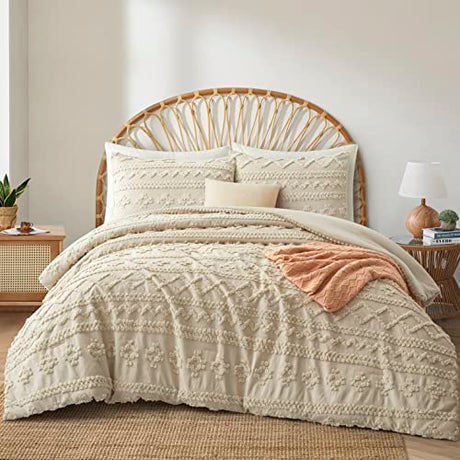 Oli Anderson Beige King Comforter Set Tufted Geometry Bedding Set King 3 Pieces, Boho Shabby Chic Comforter with 2 Pillowcases Oli Anderson