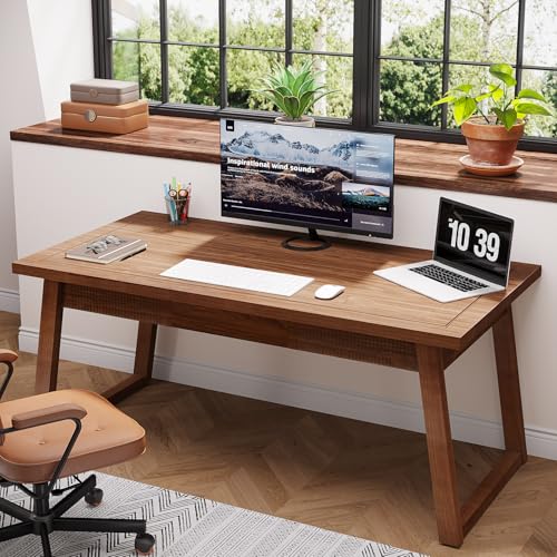 Tribesigns Home Office Executive Desk: 55 Inches Solid Wood Computer Desk with Drawer, Mid-Century Modern Study Writing Table, Rustic PC Laptop Desk Workstation Furniture, Walnut Brown - WoodArtSupply