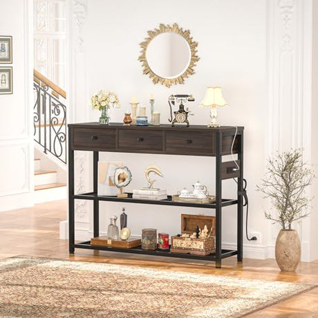 Ecoprsio 47'' Black Walnut Console Table with USB Ports, 3 Drawers & Storage Shelves Ecoprsio