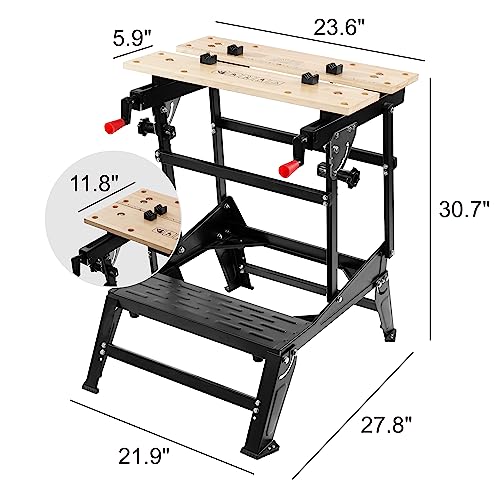 ELEVON Multifunctional Workbench, Portable Foldable Workbench, Holds Up to 550 Pounds, with Adjustable Jaws, Vertical Clamping and Four Adjustable Rotating Pins, Suitable for DIY, Woodworking Elevon