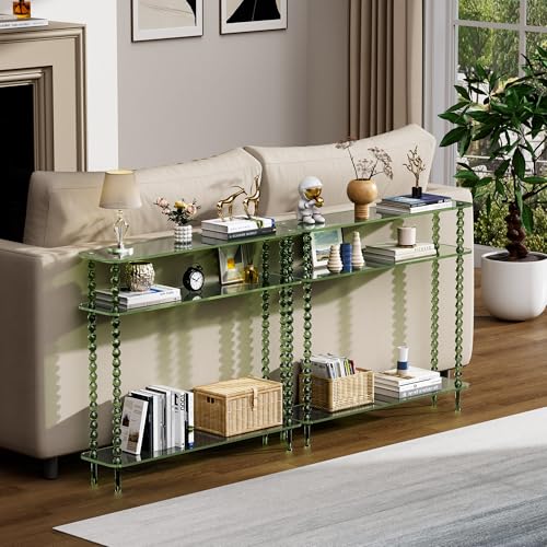 Dewrhiixe Acrylic Console Table Narrow, 3 Tier Long Entryway Table with Storage, Mid-Century Modern Sofa Table Entry Table for Living Room, Hallway (Green, 39.4“×9.4”×35.4“) Dewrhiixe