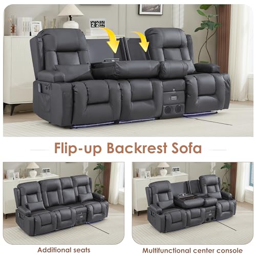 TUNYI Wall Hugger Loveseat Recliner Sofa with Console, Power Reclining Loveseat RV Couch with Massage & Heat/USB/Outlet/Storage/LED Light/Speaker (Light Grey, 3 Seat with Console)