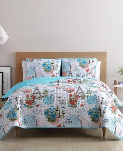 VCNY Home Blue Quilt for Queen Bed - 3-Piece Full or Queen Comforter Alternative, Bedspread Coverlet with Shams (Eiffel Paris Decor) VCNY Home
