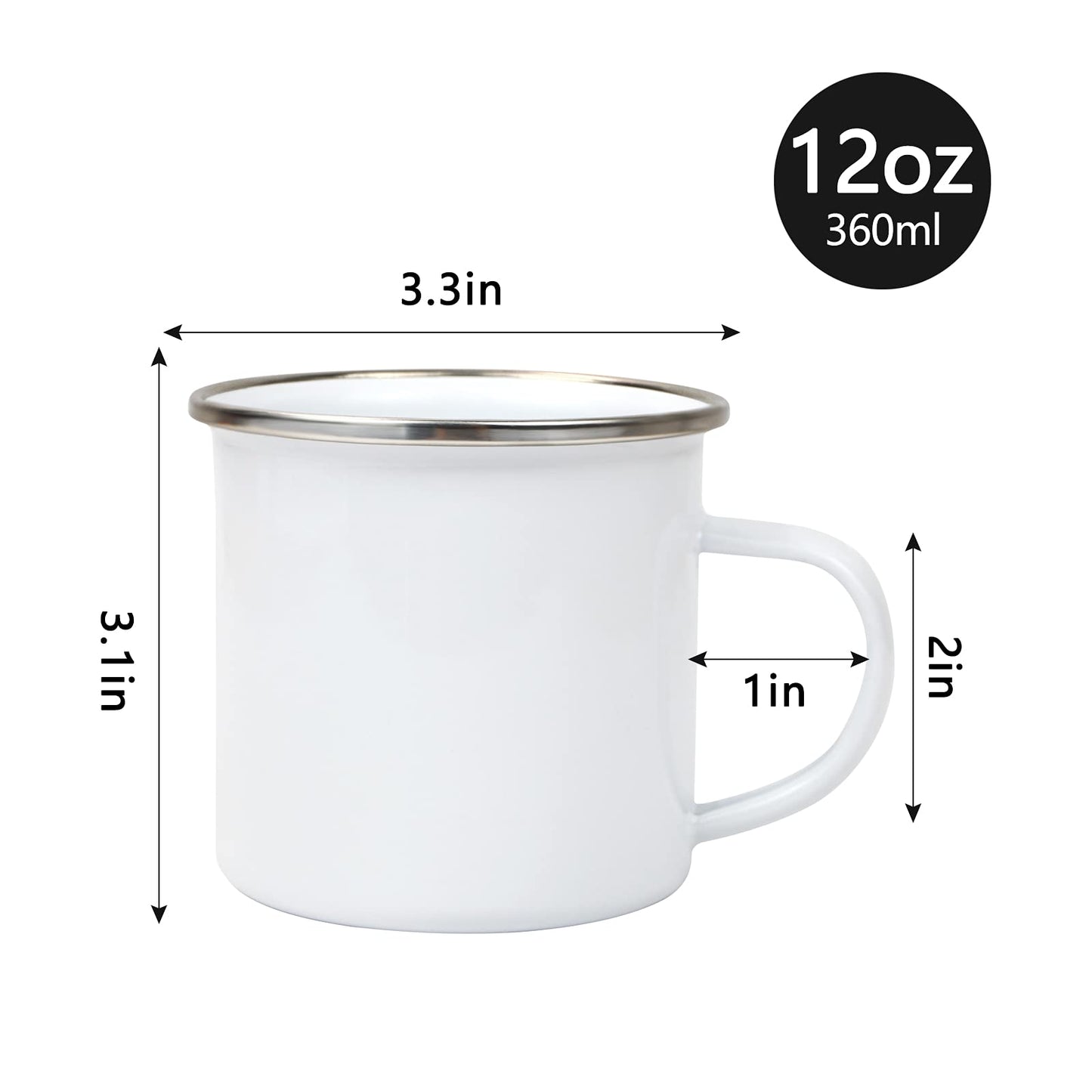 MAIKESUB 4 Pcs Sublimation Blank White Enamel Mug 12 OZ with Silver Rim Camping Travel Coffee Metal Mug Can be used as a gift for Christmas Thanksgiving Mother's Day Father's Day