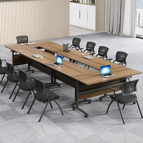 Conference Room Table, 14FT Large Folding Conference Table for 10-15 People, Training Tables with Caster Wheels, Business Style Wooden Meeting Table with Strong Metal Frame, Flip Top Table (6 PCS) bbyekctc