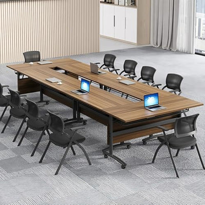 Conference Room Table, 14FT Large Folding Conference Table for 10-15 People, Training Tables with Caster Wheels, Business Style Wooden Meeting Table with Strong Metal Frame, Flip Top Table (6 PCS)