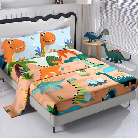 NiuOne 3D Cartoon Dinosaurs Kids Queen Sheets 4Pcs Dinosaurs Bed Sheets,3D Dinasour Pillowcases Decoration Bedroom Bedding Set Queen Size NiuOne