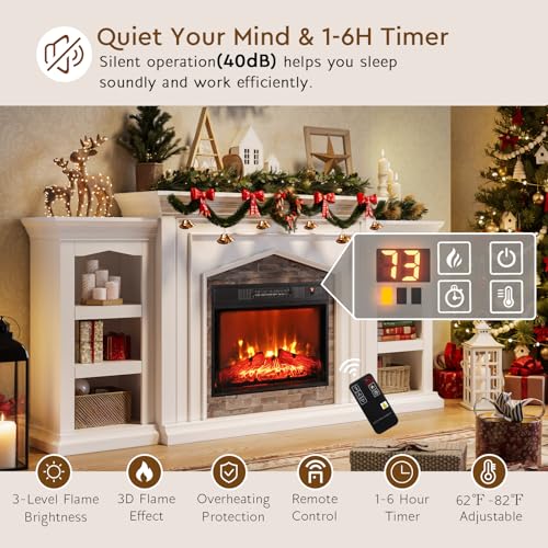 LGHM 80" Fireplace TV Stand for TVs Up to 90 Inch, Electric Fireplace with Mantel, Modern Entertainment Center with Storage, Realistic Stacked Stone Surround and 3D Flame Effect for Living Room LGHM
