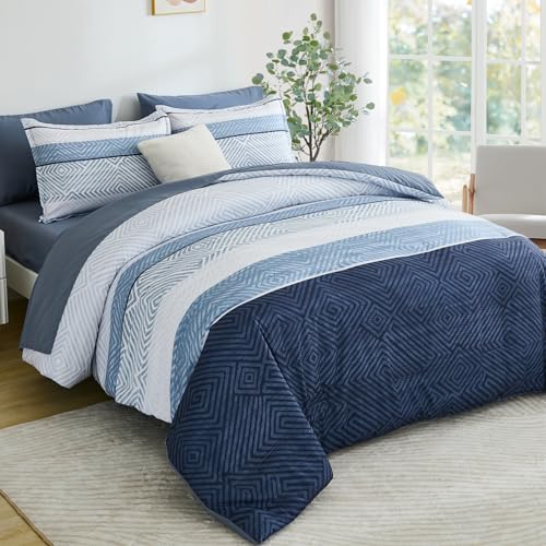 Drucon Comforter Set Queen Size 7 Piece Bed in a Bag Boho Blue Striped Bedding Set Soft Microfiber Comforter and Sheet Set for All Season (Queen, 90"x90") Drucon