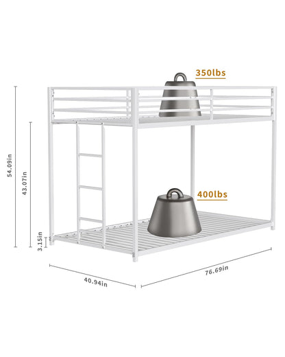 LifeSky White Metal Twin Over Twin Low Profile Bunk Bed with Side Ladder - WoodArtSupply