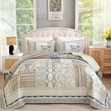 WONGS BEDDING Boho Quilt Set Queen, 3 Pieces Beige Patchwork Bedspread Coverlet Set,Soft Lightweight Microfiber Bohemian Floral Pattern Bedding Set for All Season (96"X90") WONGS BEDDING