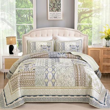 WONGS BEDDING Boho Quilt Set Queen, 3 Pieces Beige Patchwork Bedspread Coverlet Set,Soft Lightweight Microfiber Bohemian Floral Pattern Bedding Set for All Season (96"X90") WONGS BEDDING