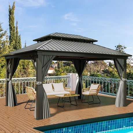 YITAHOME 12x16ft Hardtop Gazebo with Nettings and Curtains, Heavy Duty Double Roof Galvanized Steel Outdoor Combined of Vertical Stripes Roof for Patio, Backyard, Deck, Lawns, Gray YITAHOME