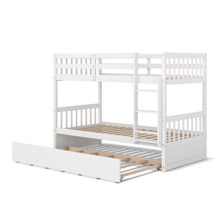 KOMFOTT Wood Twin Over Twin Bunk Bed with Trundle, Solid Pine Wood Bunk Bed Frame with Ladder & Safety Guardrails, Space-Saving Convertible Bunk Bed for Home & Dormitory, No Box Spring Needed KOMFOTT