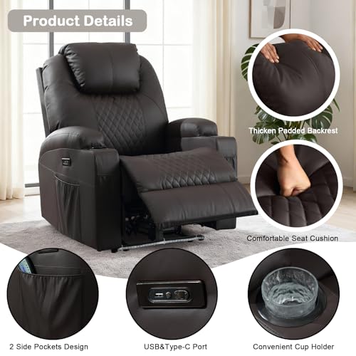 Power Recliner Chair with Heat and Massage for Adults - Home Theater Seating with LED Lights,Cup Holders,Side Pocket,USB Port - Recliner Sofa for Living Room (Brown, Single Recliner)