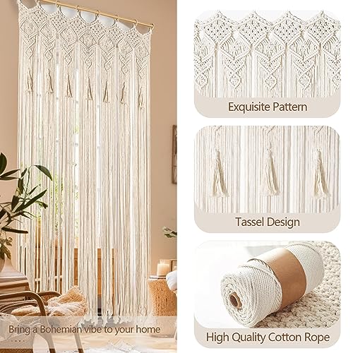 Osunnus Boho Macrame Curtain Handmade String Curtain with Tassel Large Macrame Wall Hanging Boho Room Divider Art Decor for Living Room Bedroom Bohemian Wedding Party Decor, 2 Panels 79" L x 35" W Osunnus