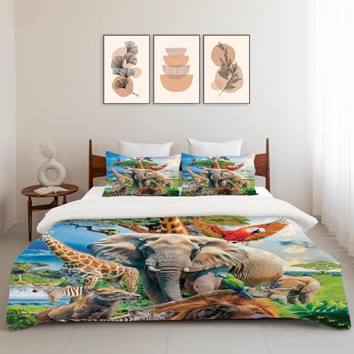 Funny Animals Bedding Set 3 Pieces Soft Lightweight Microfiber Zoo Print Bedspread Coverlet Set Jungle Elephant Giraffe Duvet Cover Twin Full Queen King Comforter Bed Set for Girls Boy Women Men exroozy