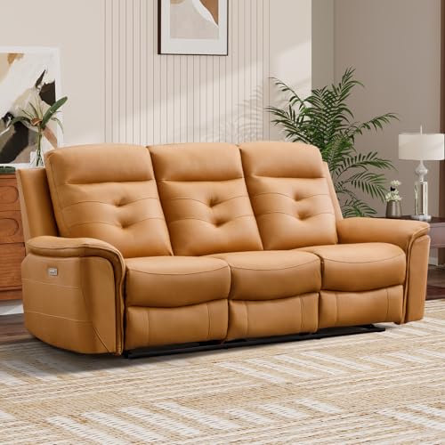 EBELLO Power Recliner Sofa Couch, Breathable Faux Leather Reclining Couches with USB Charging Port, Overstuffed Armrest and Backrest, 3-Seater Electric Recliner Sofa for Living Room, Brown