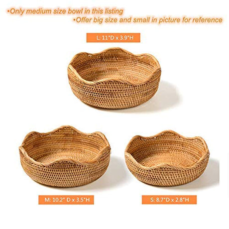 AMOLOLO Handmade Rattan Round Fruit Basket Food Storage Bowls Kitchen Organizer Snack Serving Bowl Wavy Edge Circle Tray Basket, Boho Home Décor Display Tray for Table, Dining Room (Medium 10.2") amololo
