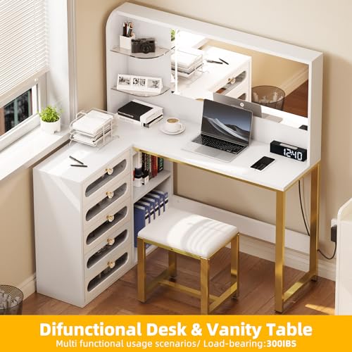 YITAHOME Vanity Desk Set- L Makeup Vanity with Mirror and Lights 3 Lighting Modes, 48" Large Makeup Table with 5 Tempered Glass Drawers with Open Storage Shelves Vanity Table, White YITAHOME