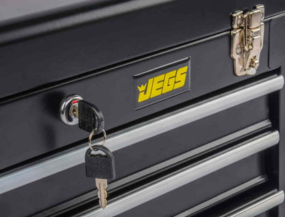 JEGS 3-Drawer Toolbox - Metal Toolbox with Ball-Bearing Drawer Slides - Rust-Resistant Latches - Black Powder Coat Finish - Includes Lock and Keys - WoodArtSupply