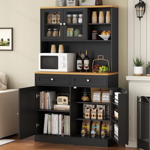 Tall Pantry Cabinet, Modern Kitchen Hutch with Microwave Stand, Kitchen Pantry Storage Cabinet with 2 Darwers & Door Shelf, Food Pantry with Glass Doors & Adjustable Shelves for Dining Room, Black Gyfimoie
