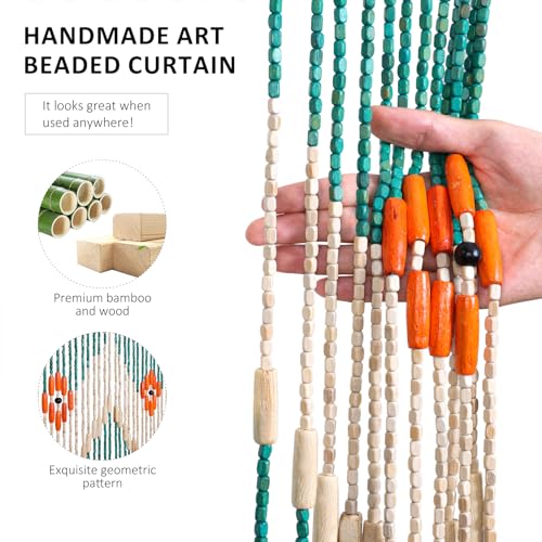 BECHAEO Beaded Curtain for Doorway Handmade Bamboo Wooden Door Beads Hanging Room Divider Hippie Curtain for Hallway Window Boho Rustic Home Store Decor, 35.5 x 75 Inches Green BECHAEO