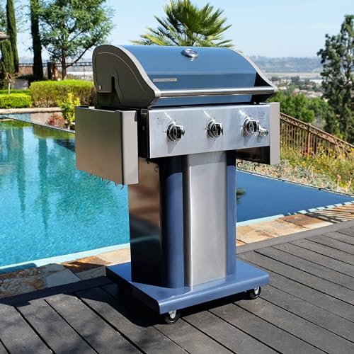 Permasteel 3-Burner Propane Gas Grill, 30,000 BTUs BBQ Grill with Cast Iron Grates, Foldable Side Tables & Tool Hooks, Outdoor Grill, Azure Permasteel