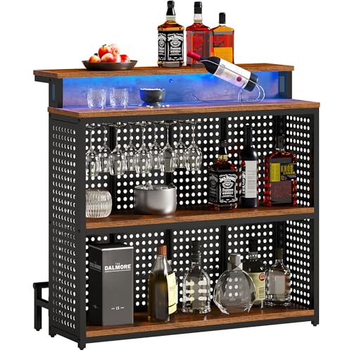 YITAHOME Rustic Brown Mini Home Bar Unit with Music-Sensing LED Lights and Storage Shelves - WoodArtSupply