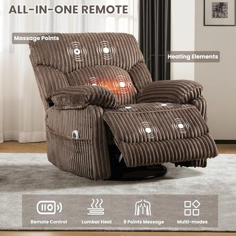 SUNWAVE Power Recliner Chair, Electric Swivel Rocker Recliner with Massage and Heat, Hybrid Corduroy Recliner, USB Remote, Tool-Free Assembly SUNWAVE
