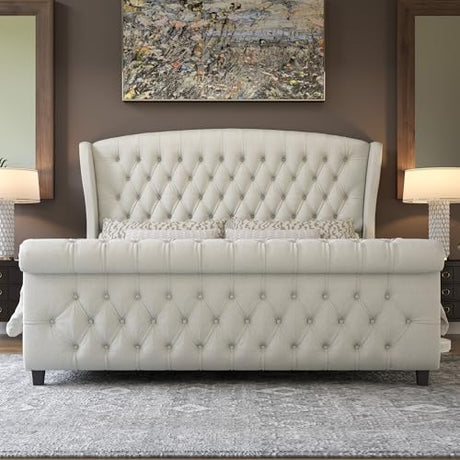 AMERLIFE California King Size Platform Bed Frame, Velvet Upholstered Sleigh Bed with Scroll Wingback Headboard & Footboard/Button Tufted/No Box Spring Required/Cream AMERLIFE