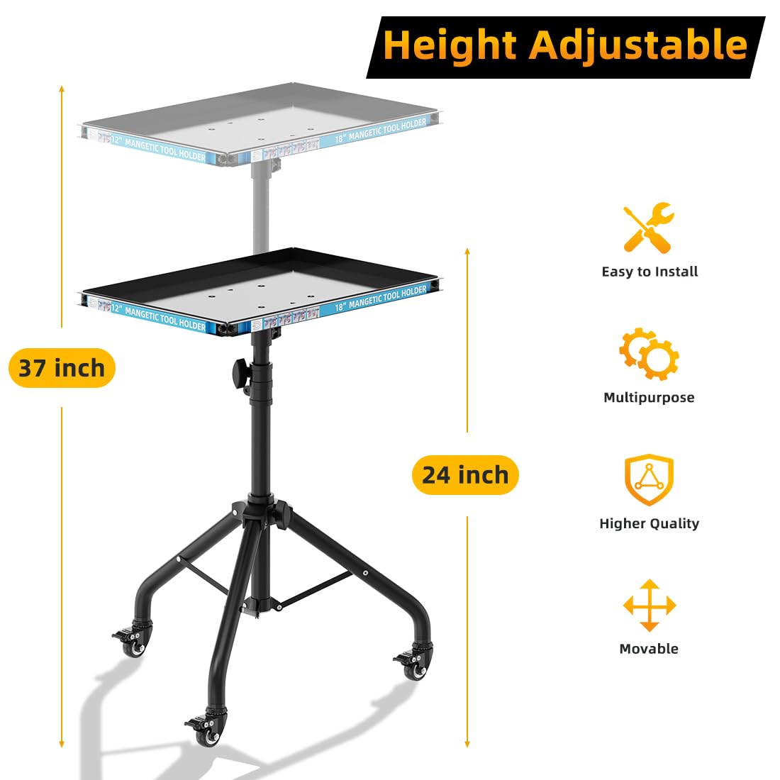 Rolling Tool Cart with Magnetic Strip, Mobile Work Table Rolling Tool Tray with Wheels Height Adjustable Tool Table Rolling Utility Cart Mechanic Cart Tool Storage Organizer for Garage, Bike Work Shop Gaoymsym